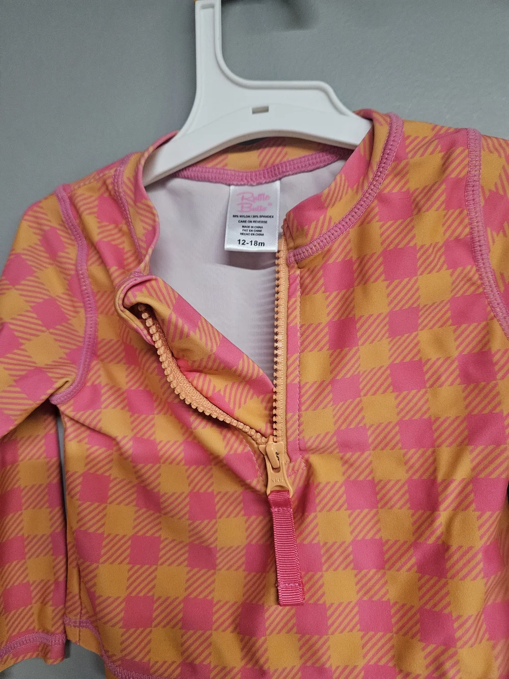 Girls 12 - 18 Month Pink & Orange Check Zip Rashguard Swim Long Sleeve Top